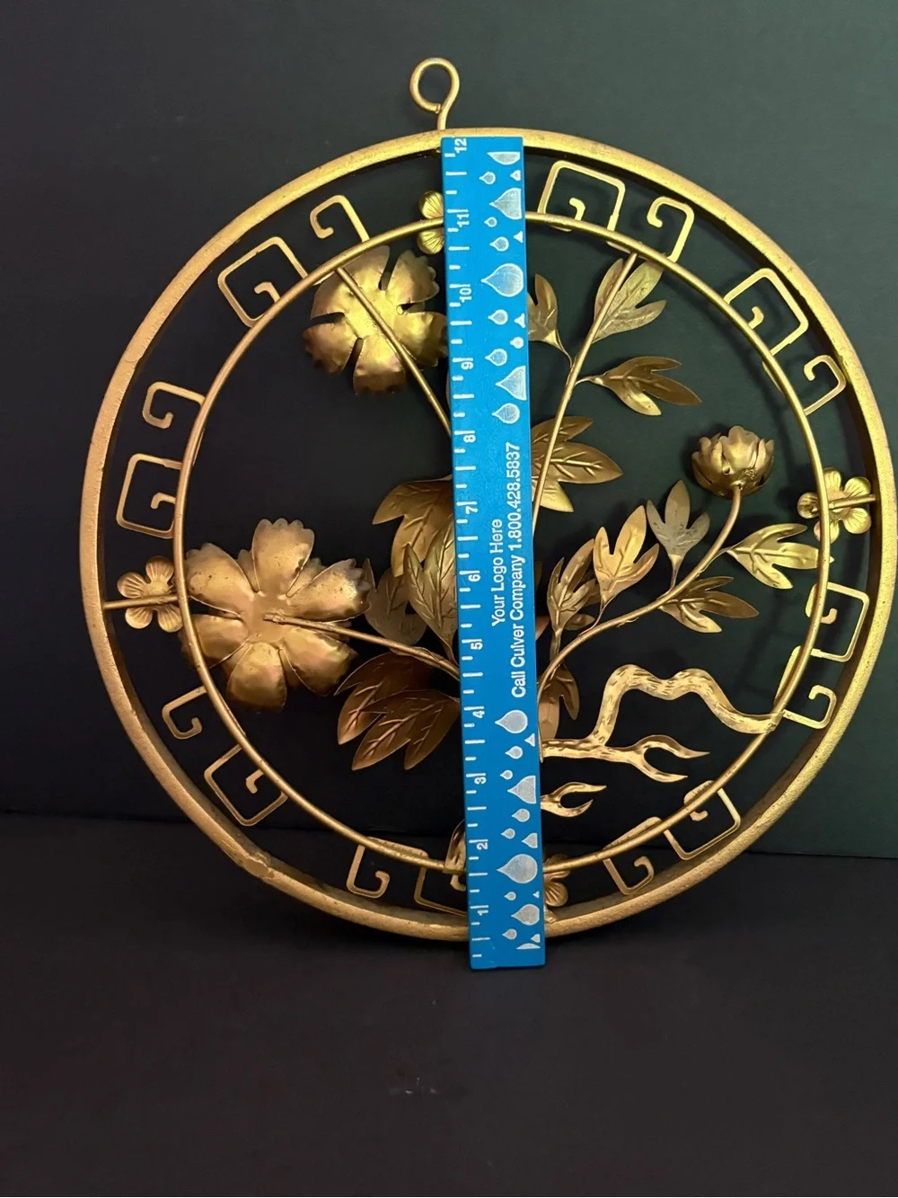 Vintage MCM Gold Metal 3D Floral Round Wall Plaque Asian Chinoiserie 12”